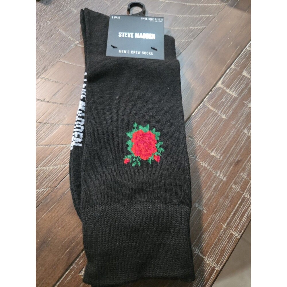 Steve Madden Men's Crew Socks 2-Pair Black with Rose 6-12.5 NWT